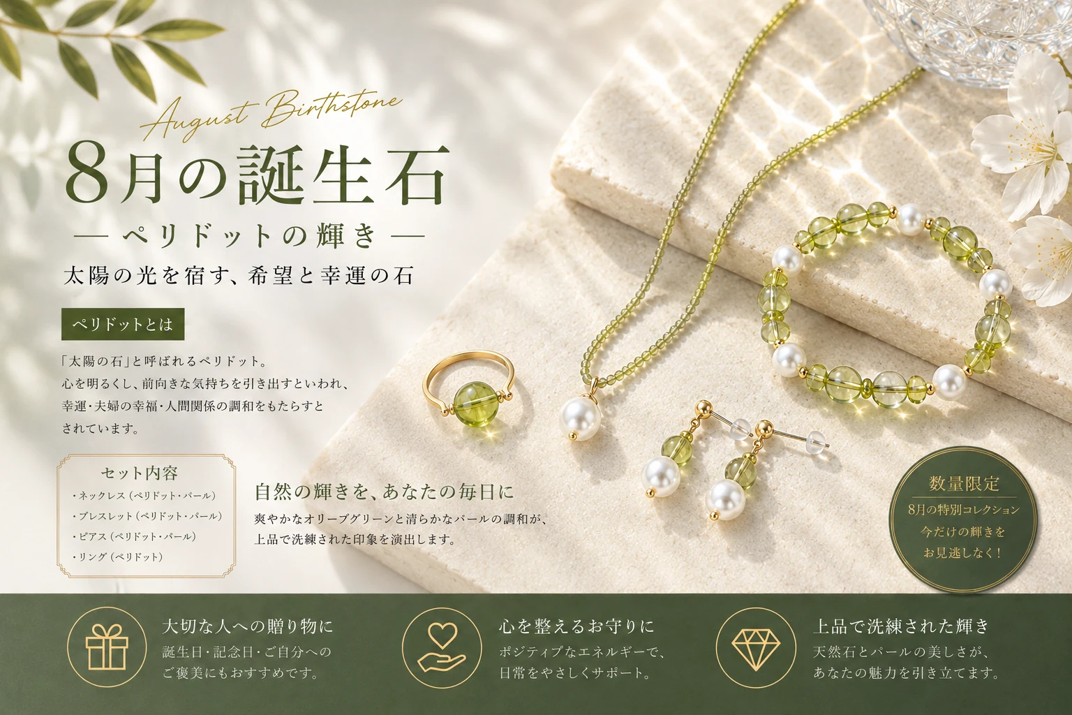 8月の誕生石ペリドットのネックレス、ブレスレット、ピアス、リングを紹介する特集
